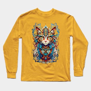 Tribal Art Cat retro vintage aesthetic design Long Sleeve T-Shirt